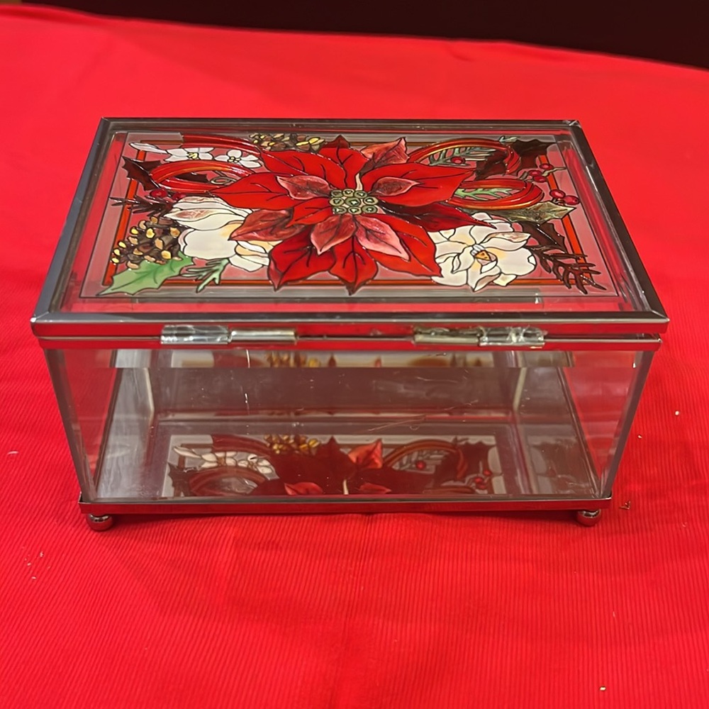 Amia Holiday Poinsettia Floral Ribbons Beveled Glass Footed Jewelry Box *Flawed*